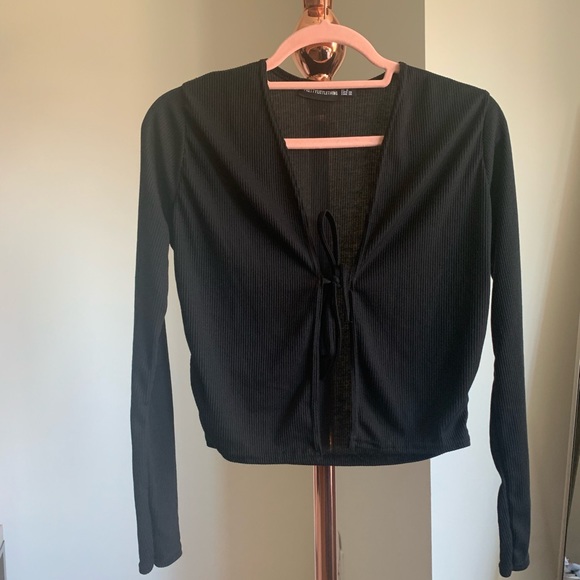 Black Rib Tie Front Crop Top - Picture 5 of 5